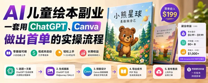 文章封面：AI 儿童绘本副业：一套用ChatGPT、Canva 做出首单的实操流程