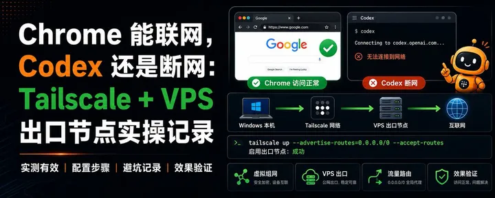 文章封面：Chrome 能联网，Codex 还是断网：Tailscale + VPS 出口节点实操记录