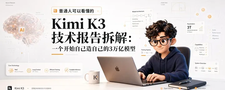 文章封面：Kimi K3 技术报告拆解： 全球首个开源 3T 级模型，一边承认打不过对手，一边给自己造芯片。 