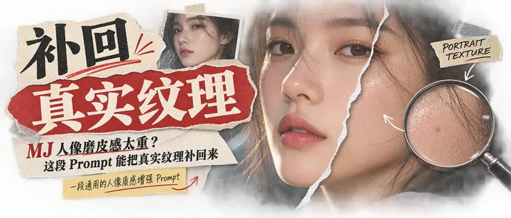 文章封面：MJ 人像磨皮感太重？这段 Prompt 能把真实纹理补回来