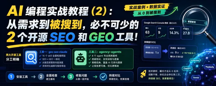 文章封面：AI 编程实战教程（2）：从需求到被搜到，必不可少的 2 个开源 SEO 和 GEO 工具！