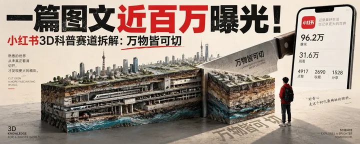 文章封面：一篇图文近百万曝光！小红书3D科普赛道拆解：万物皆可切