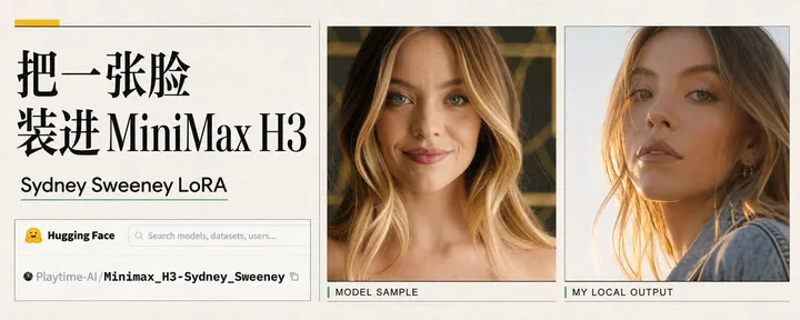 文章封面：把 Sydney Sweeney 装进 MiniMax H3：人物 LoRA 的原理和本地使用
