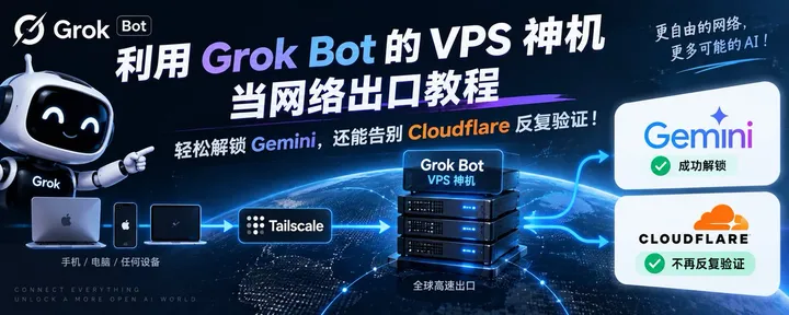 文章封面:利用 Grok Bot 的 VPS 神机当网络出口教程:轻松解锁 Gemini,还告别 Cloudflare 反复验证!