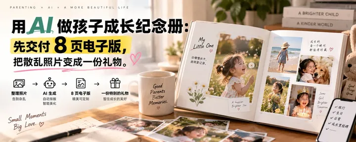 文章封面：用 AI 做孩子成长纪念册：先交付 8 页电子版，把散乱照片变成一份礼物