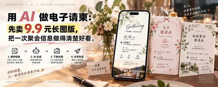 文章封面：用 AI 做电子请柬：先卖 9.9 元长图版，把一次聚会信息做得清楚好看