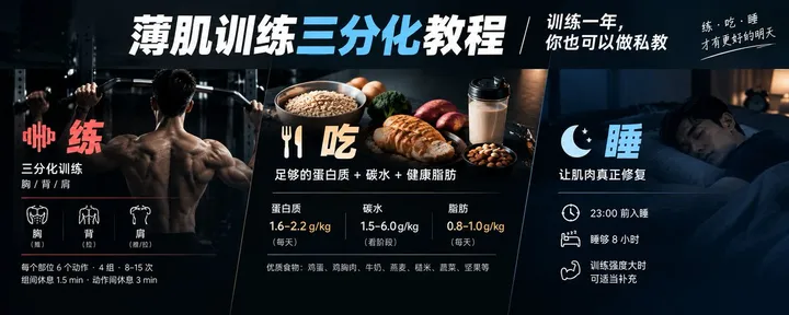 文章封面：薄肌训练三分化教程----训练一年，你也可以做私教