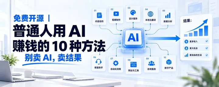 文章封面：免费开源 ｜普通人用 AI 赚钱的 10 种方法：别卖 AI，卖结果