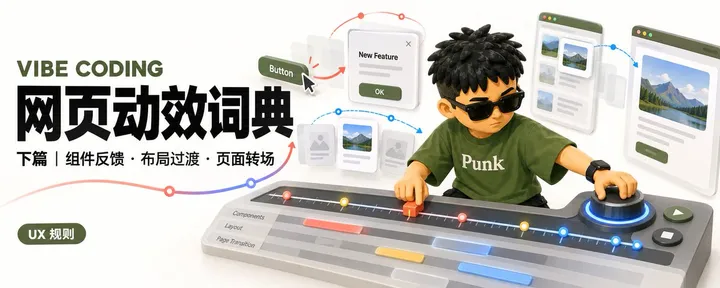 文章封面：Vibe Coding 网页动效词典（下篇）：组件反馈、布局过渡与页面转场