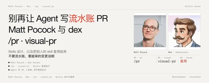 文章封面：别再让 Agent 写流水账 PR：Matt Pocock 与 dex 的 /pr、visual-pr Skills 设计和 Skills 复用技巧