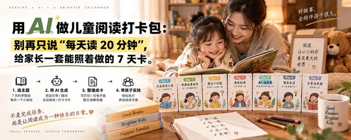 文章封面：用 AI 做儿童阅读打卡包：别再只说“每天读 20 分钟”，给家长一套能照着做的 7 天卡