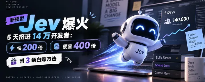 文章封面：新模型 Jev 爆火，5 天挤进 14 万开发者：快 200 倍、便宜 400 倍【附 3 条白嫖方法】