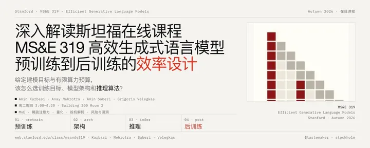 文章封面：深入解读斯坦福在线课程 MS&E 319「高效生成式语言模型」：从预训练、架构、推理到后训练的效率设计