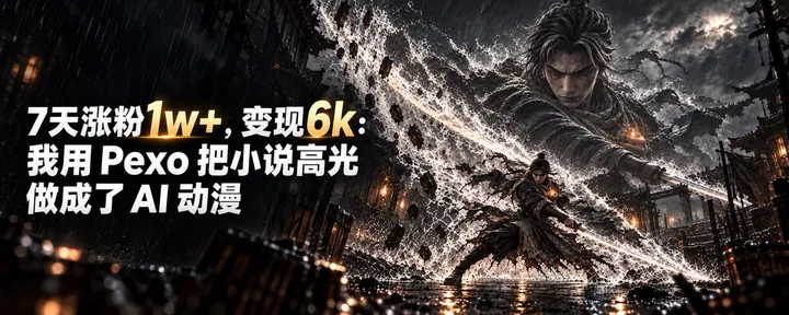 文章封面：7天涨粉1w+，变现6k：我用 Pexo 把小说高光做成了 AI 动漫