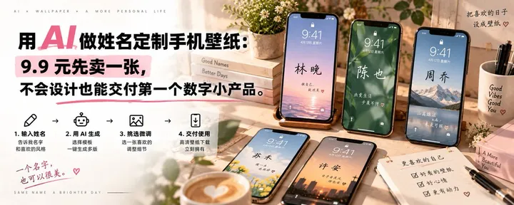 文章封面：用 AI 做姓名定制手机壁纸：9.9 元先卖一张，不会设计也能交付第一个数字小产品