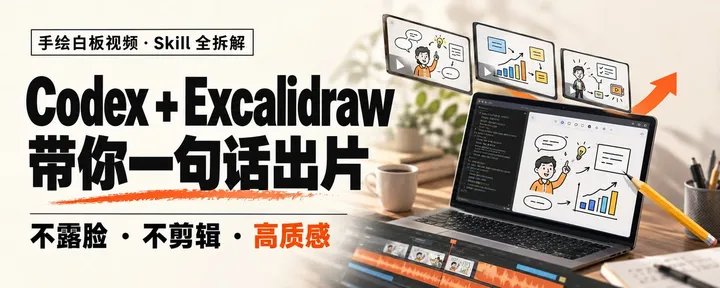 文章封面：Codex + Excalidraw 带你一句话出片：手绘白板风格视频，不露脸、不剪辑、高质感