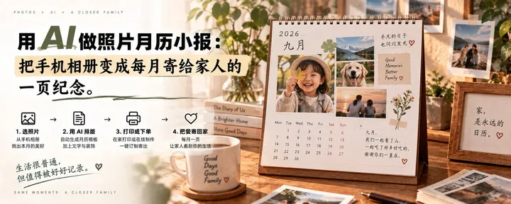文章封面：用 AI 做照片月历小报：把手机相册变成每月寄给家人的一页纪念