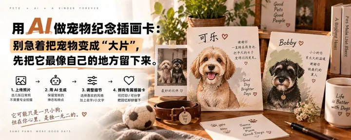 文章封面：用 AI 做宠物纪念插画卡：别急着把宠物变成“大片”，先把它最像自己的地方留下来