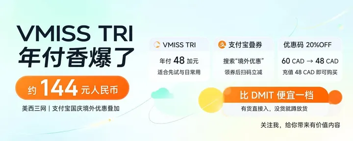 文章封面：比 DMIT 便宜一档的美西三网：VMISS TRI 年付 48 加元，叠券后约 144 元人民币