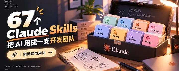 文章封面：67 个 Claude Skills：把 AI 用成一支开发团队【附链接与用法】