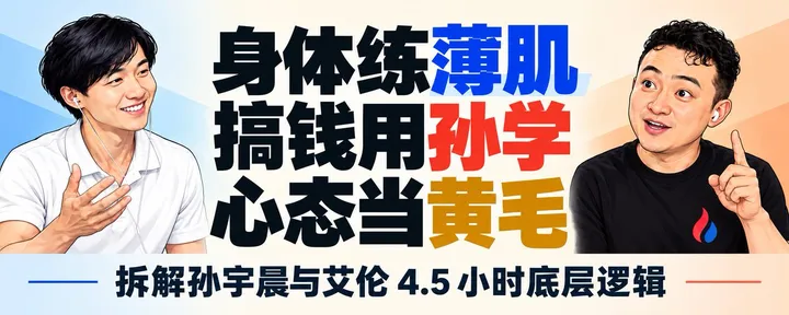 文章封面：身体练薄肌，搞钱用孙学，心态当黄毛 ｜ 拆解孙宇晨与艾伦 4.5 小时底层逻辑