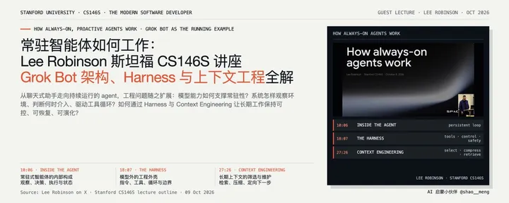 文章封面：常驻智能体如何工作：Lee Robinson 斯坦福 CS146S 讲座，GrokBot 架构、Harness 与上下文工程全解 
