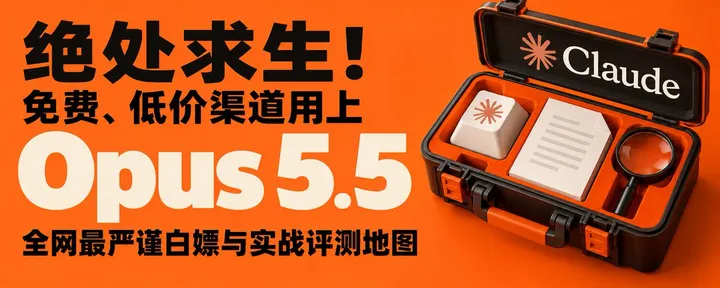 文章封面：绝处求生！免费、低价渠道用上 Opus 5.5 全网最严谨白嫖与实战评测地图