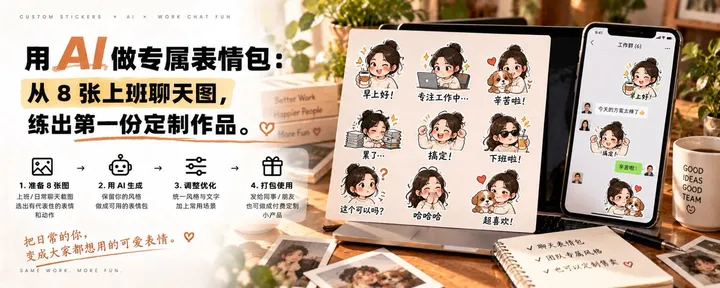 文章封面：用 AI 做专属表情包：从 8 张上班聊天图，练出第一份定制作品