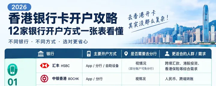 文章封面：香港开户别再盲跑！2026年12家银行开户方式一次讲清