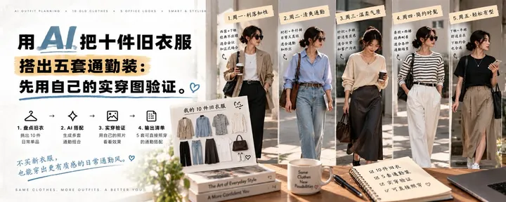 文章封面：用 AI 把十件旧衣服搭出五套通勤装：先用自己的实穿图验证