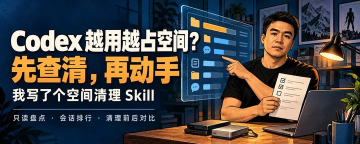 文章封面：Codex 越用越占空间？我写了个先盘点、再清理的 Skill