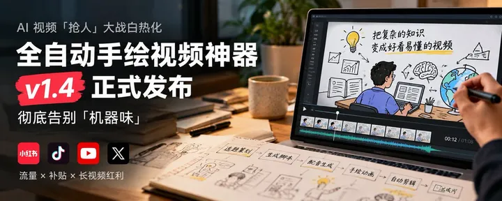 文章封面：流量收割机『手绘口播视频.Skill』重大更新来袭：全自动 AI 知识解说视频制作神器，告别机器味