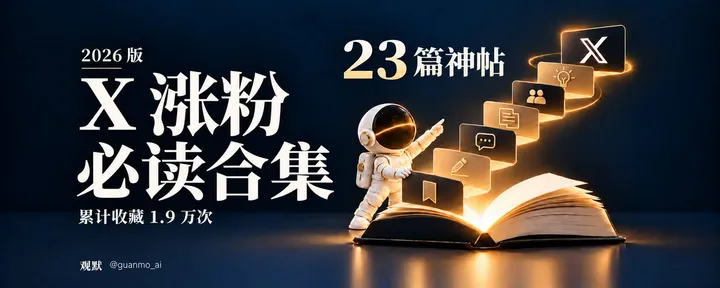 文章封面：X 涨粉必读合集（2026 版）：23 篇神贴，累计被收藏 1.9 万次 