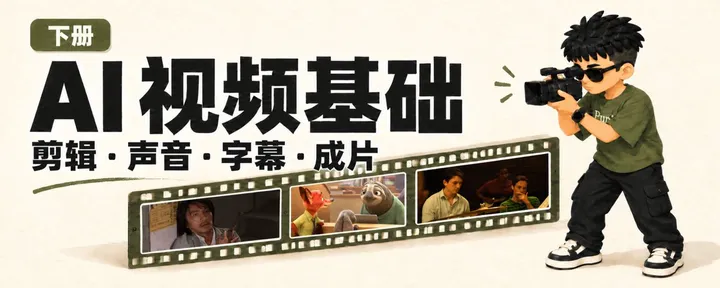文章封面：AI 视频基础（下册）：剪辑、声音、字幕与成片