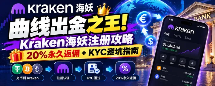 文章封面:曲线出金之王!Kraken海妖注册攻略:20%永久返佣+KYC避坑指南