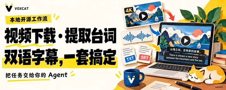文章封面：4K 视频下载、AI 提取台词、导出双语字幕：这套本地开源流程，能帮你省掉不少订阅费