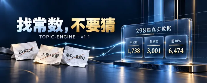 文章封面：爆款标题不要猜：用 298 篇真实阅读数据， AI 自动选题引擎拿去随意用