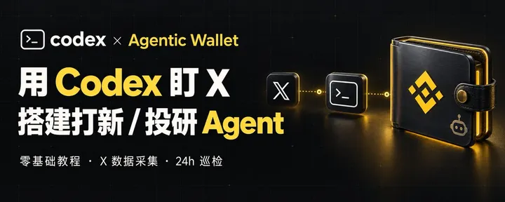 文章封面：币安 Agentic Wallet 零基础教程：用 Codex 盯 X，搭建 24 小时打新 / 投研 Agent