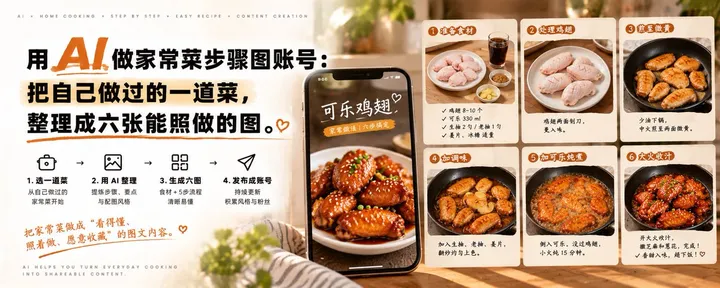 文章封面：用 AI 做家常菜步骤图账号：把自己做过的一道菜，整理成六张能照做的图