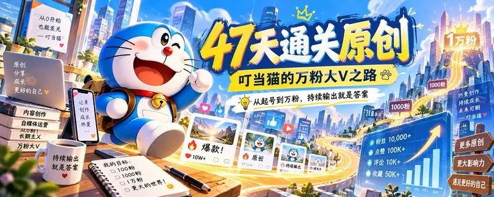 文章封面：47天通关原创，叮当猫的万粉大V之路。